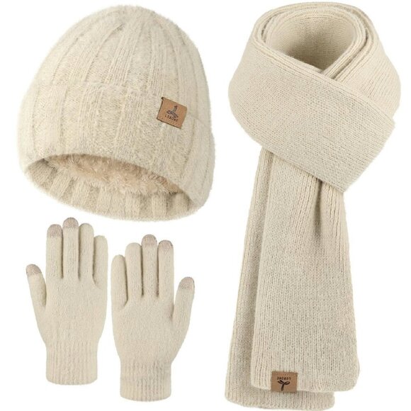 Warm Fleece Knit Hat Scarf Gloves Set Touch Screen Winter Accessories